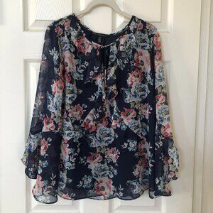 WHBM Floral Ruffle Tie-Front Bell Sleeve Blouse 14P